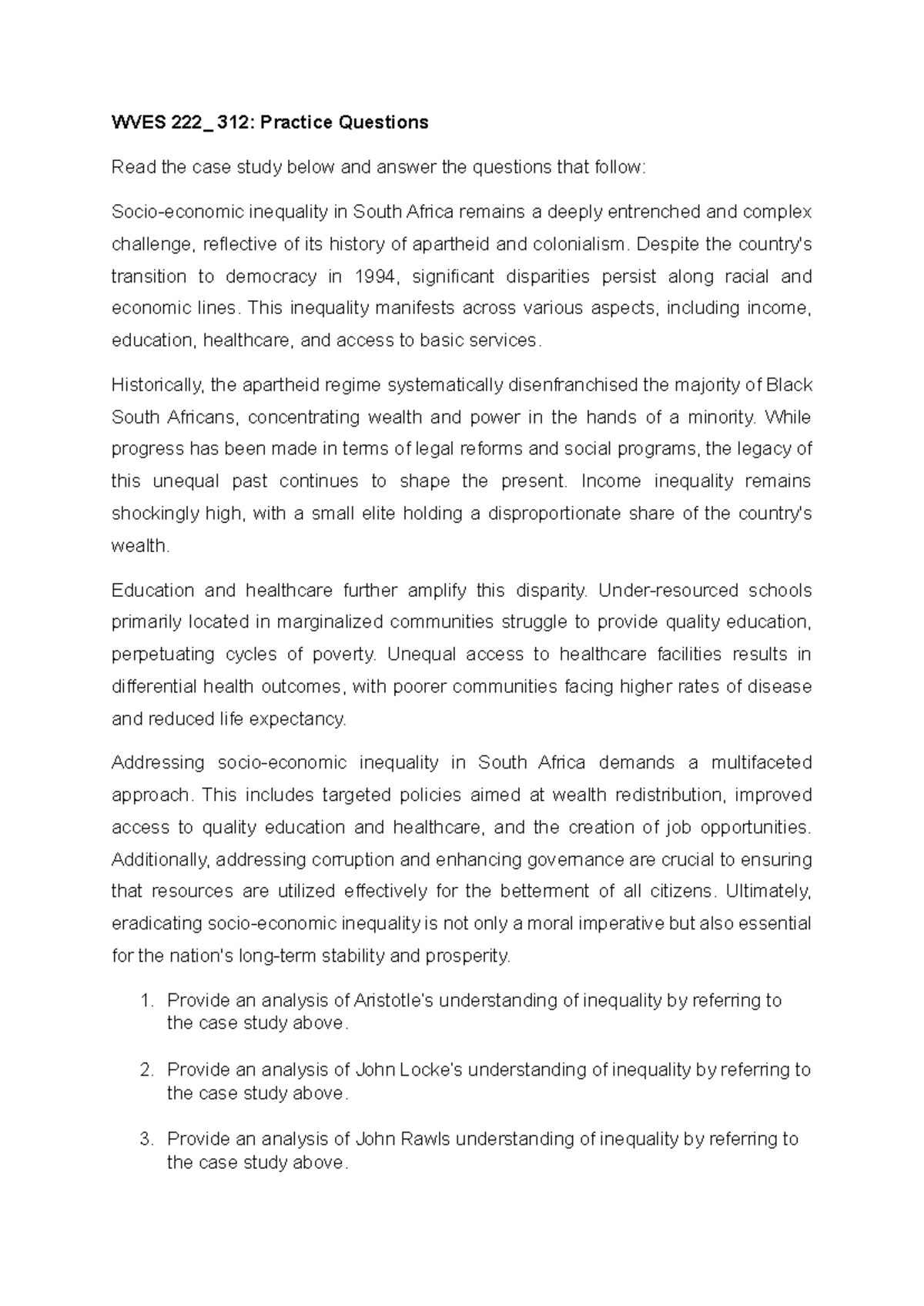 WVES 222_312: Case Study on Socio-Economic Inequality Analysis - Studocu