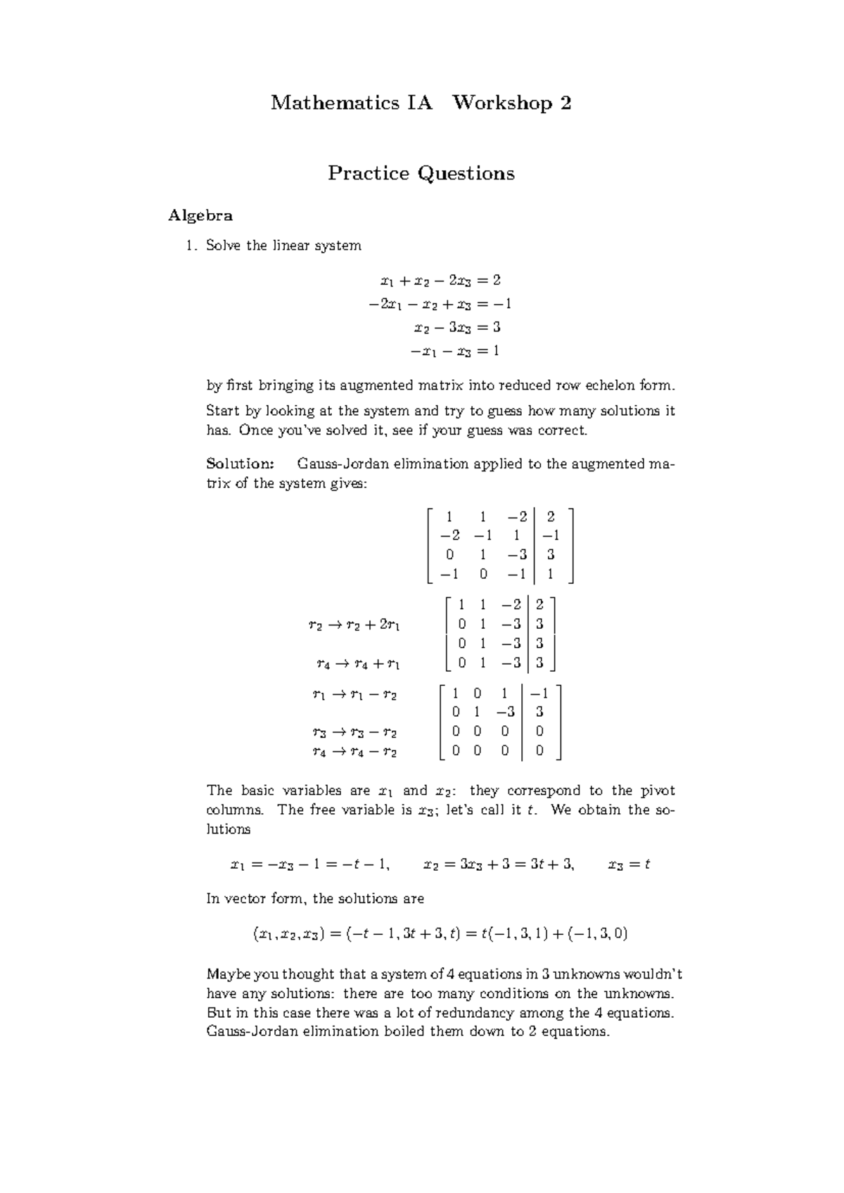 Mathematics IA Workshop 2: Practice Questions on Algebra and RREF - Studocu