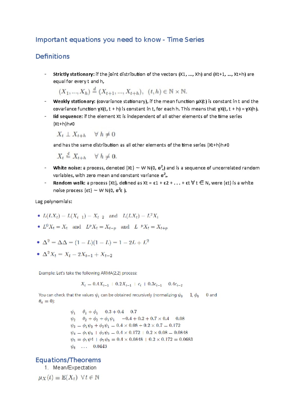 Overzicht formules - Introduction to Time Series - Studeersnel
