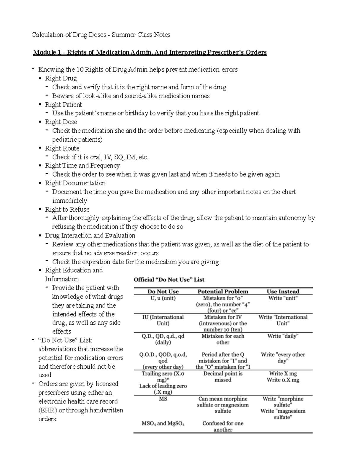 Medication Administration and Dose Calculation Notes Med. Math 101 ...