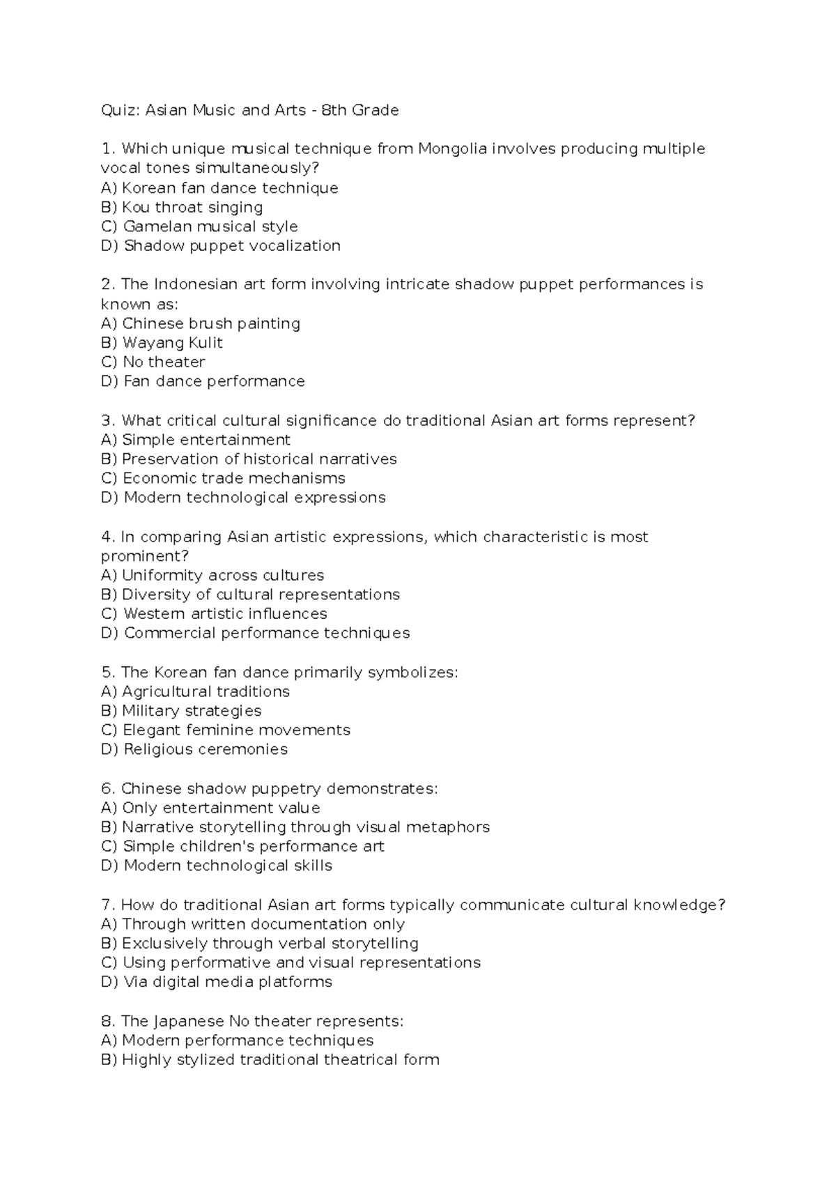 Quiz: Asian Music and Arts - Grade 8 Q2 Week 5 - Studocu