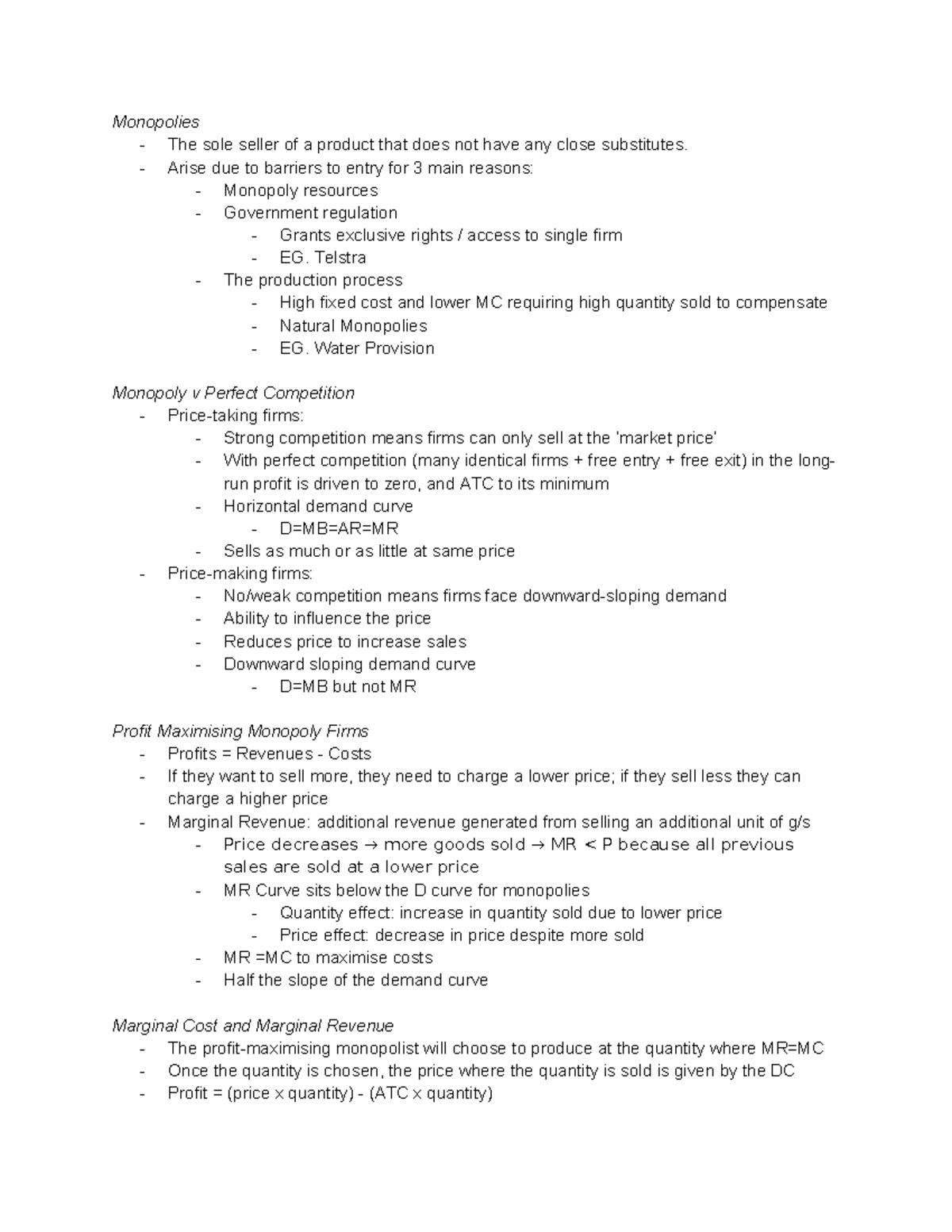 Monopolies: Key Concepts and Inefficiencies - Lecture 10-11 Notes - Studocu