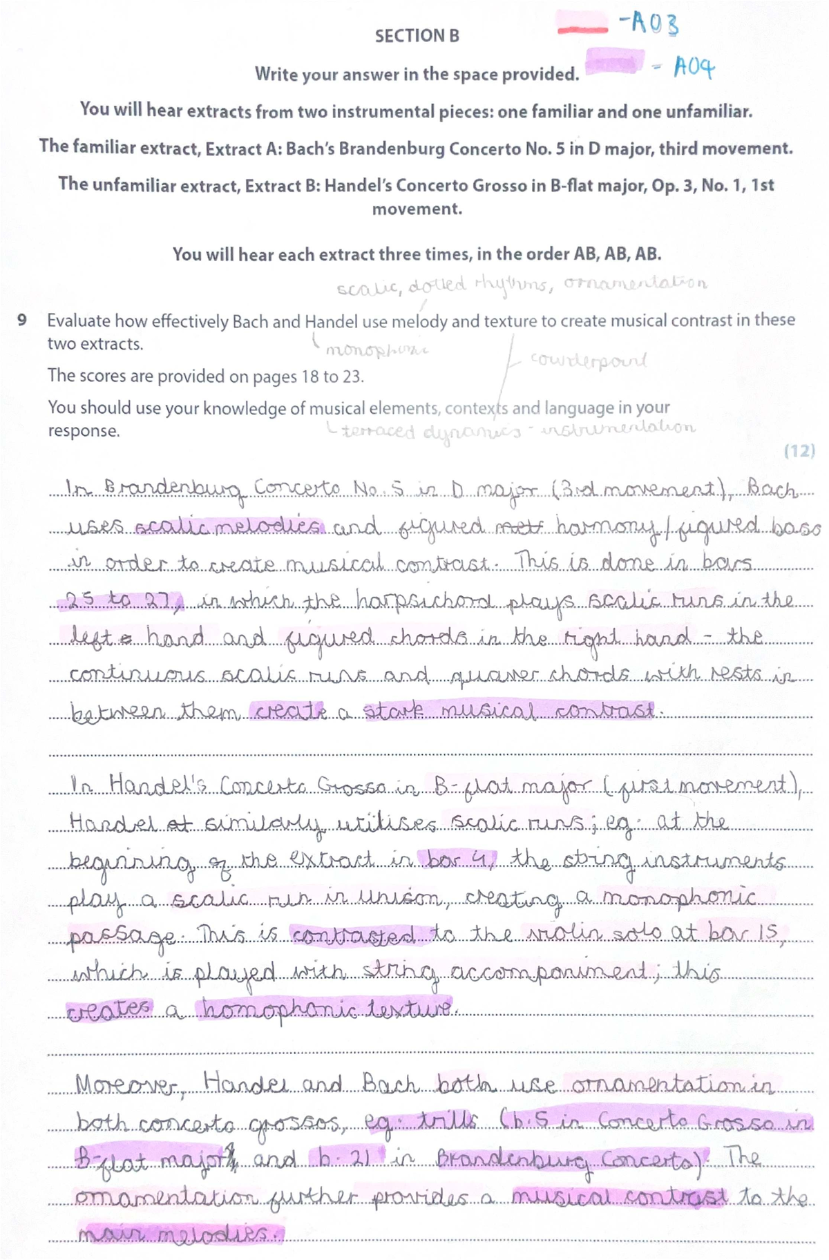 Edexcel GCSE Music - Model Essay on Bach & Handel Contrast - Studocu