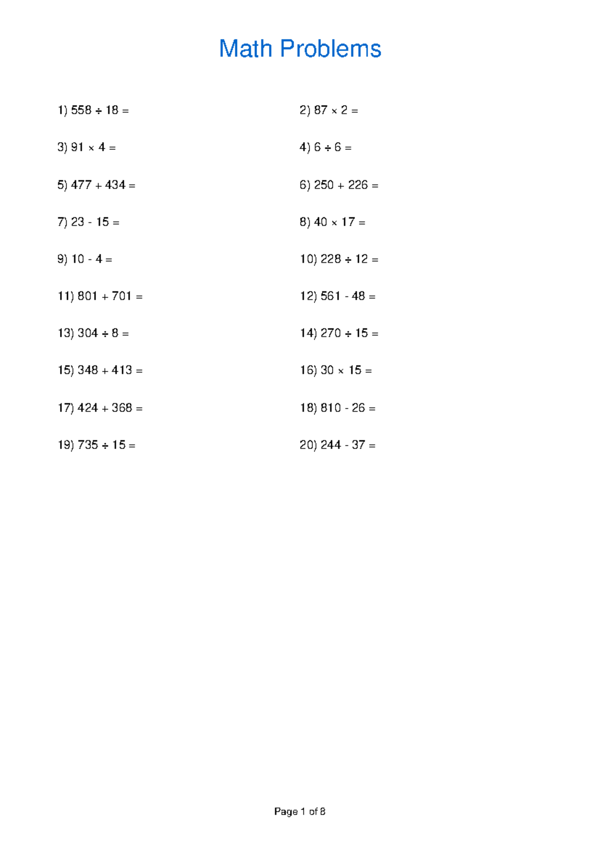 Gzjxz 9ztbf - Math Calculations - 1) 558 ÷ 18 = 2) 87 × 2 = 3) 91 × 4 ...