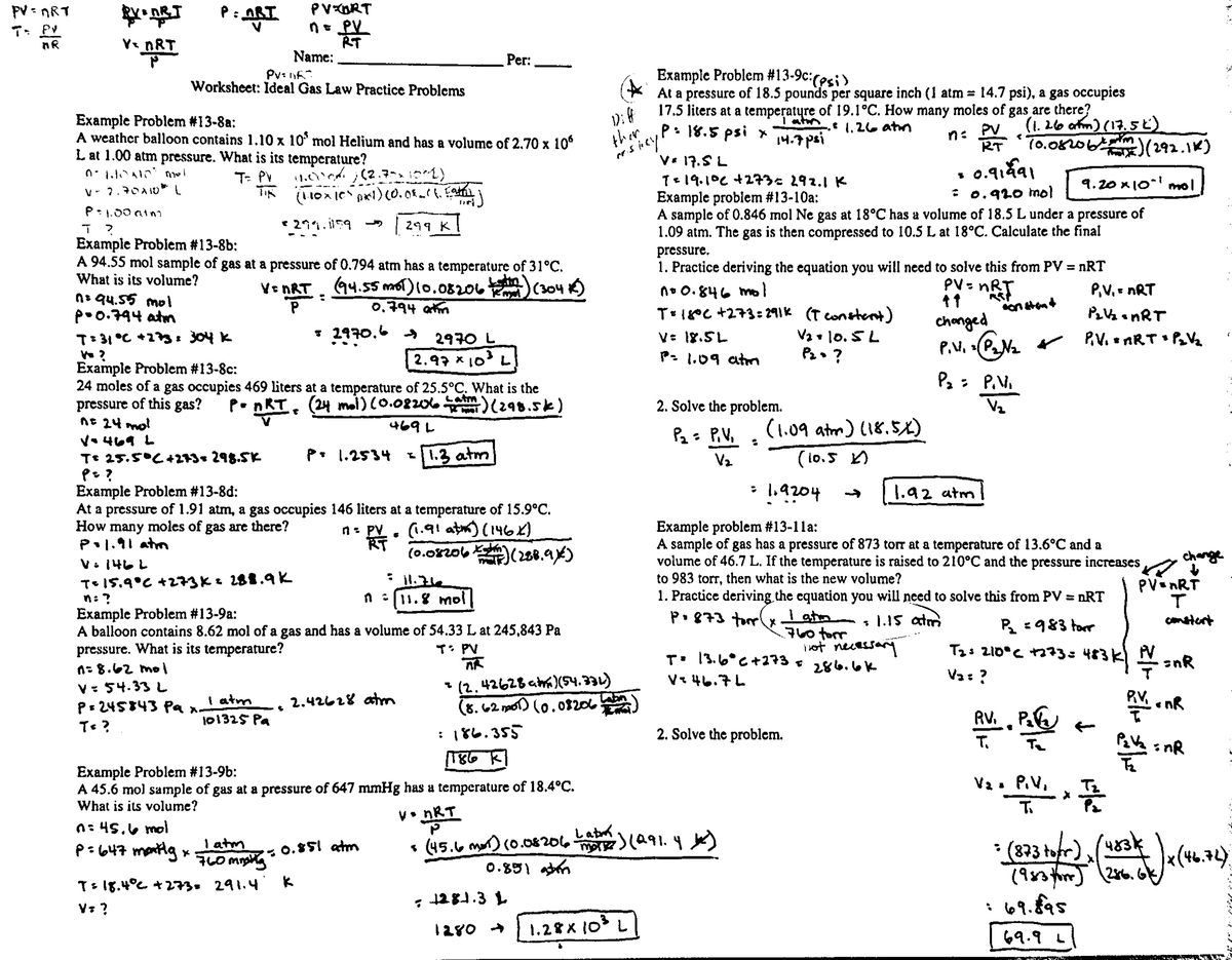 WS Ideal Gas Law Practice Problems: Example Problems and Solutions ...