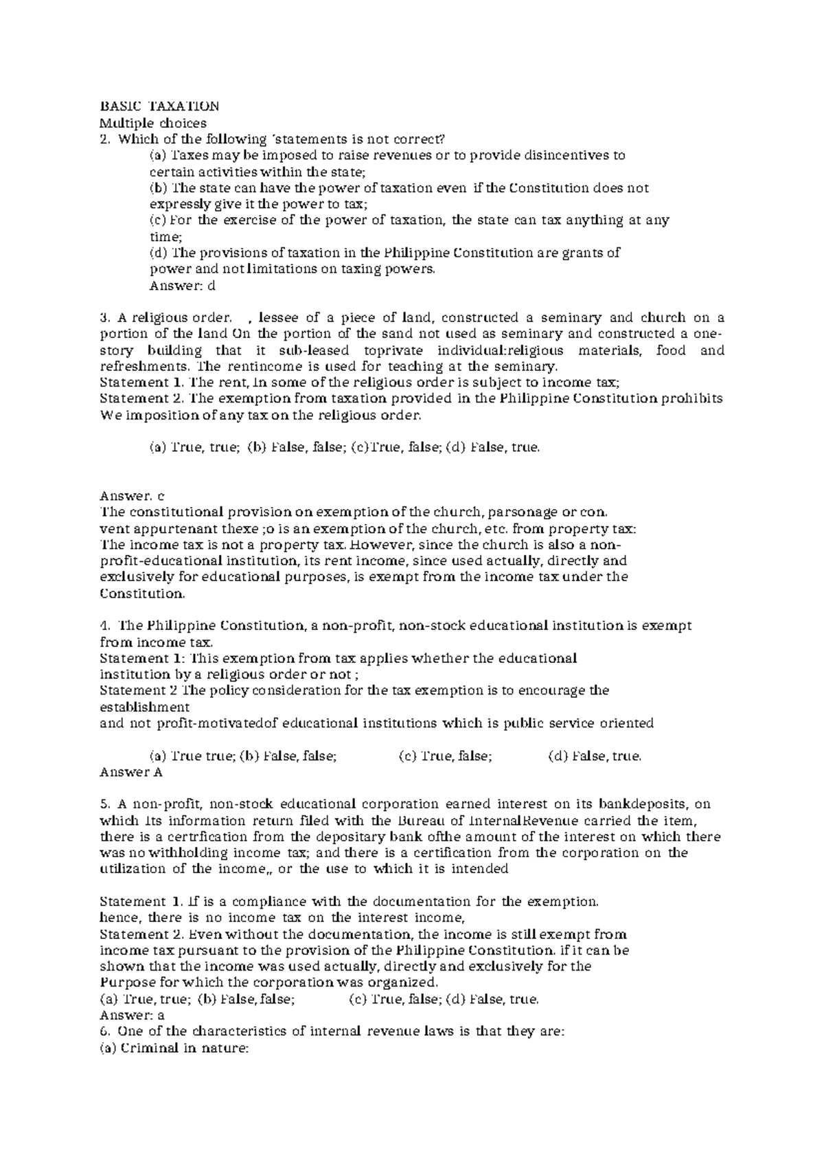 Basic Principles of Taxation: Multiple Choice Questions & Answers - Studocu