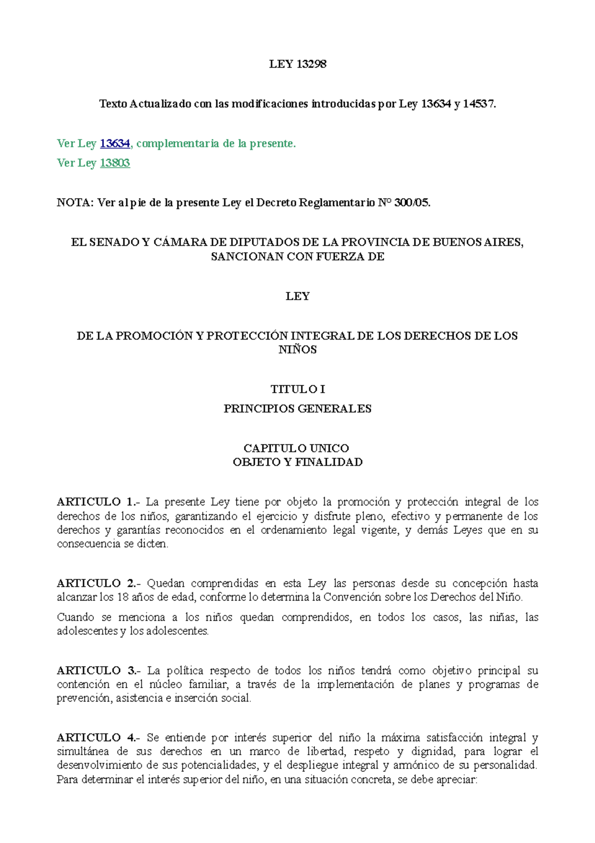 Ley 13298: Promoción y Protección Integral de los Derechos de los Niños ...