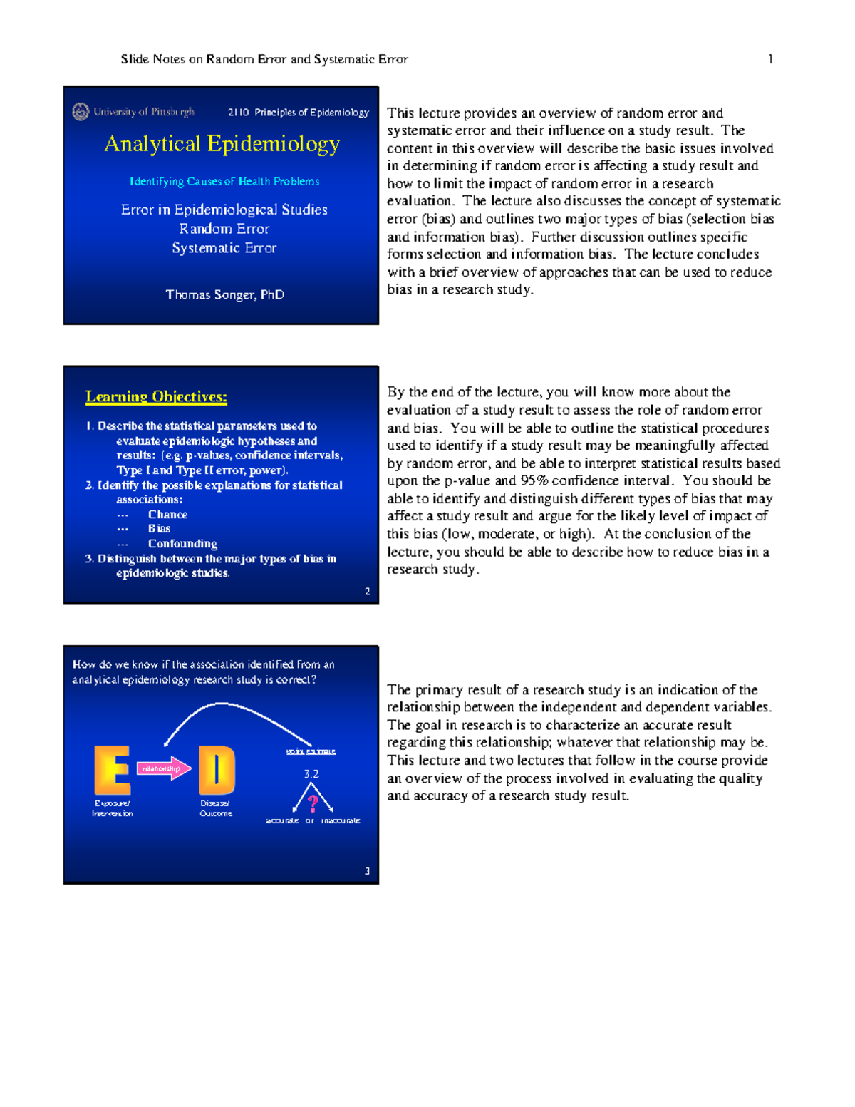 Slide Notes on Random and Systematic Errors in Epidemiology 2110 - Studocu