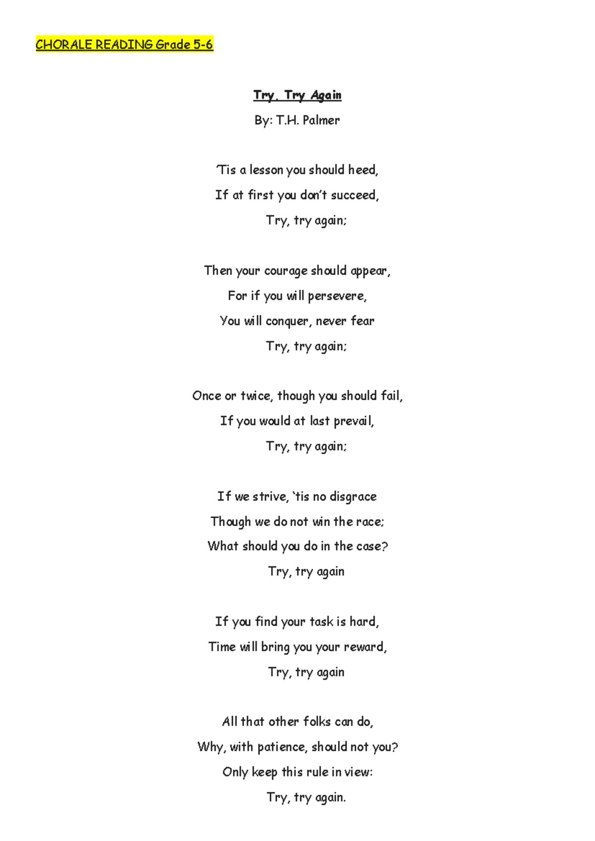 Grade 5 Chorale Reading: Try, Try Again - Poetry Analysis - Studocu