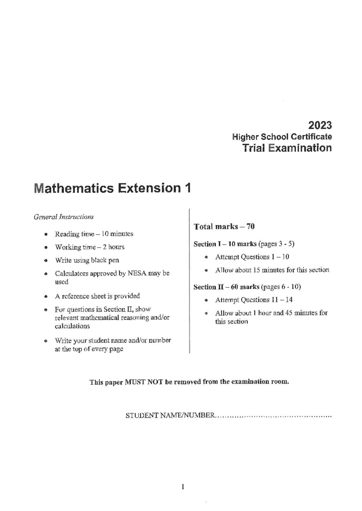 2023 HSC Mathematics Extension 1 Trial Exam Paper & Solutions - Studocu