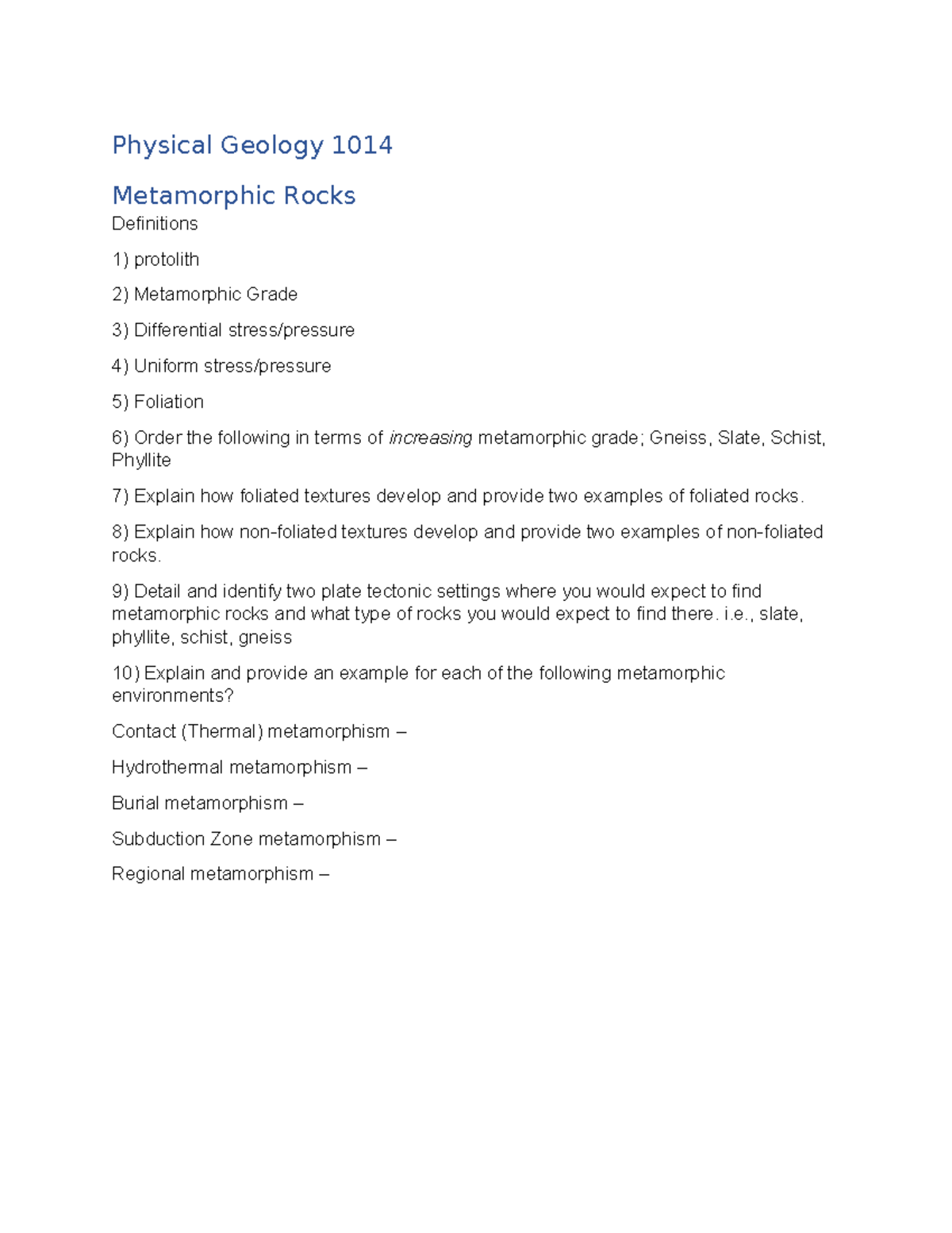 Physical Geology 1014: Key Definitions & Structures of Metamorphic ...