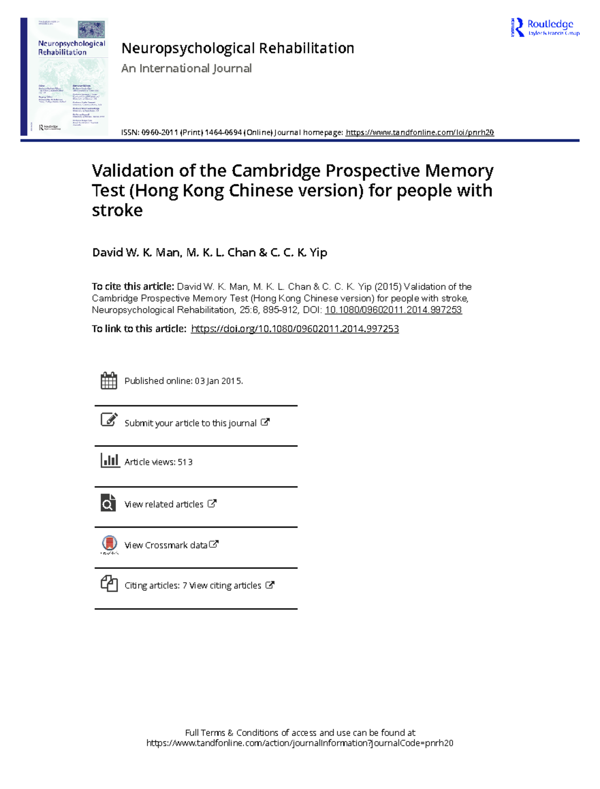 Validation of the CAMPROMPT for Stroke Patients: HK Chinese Version ...