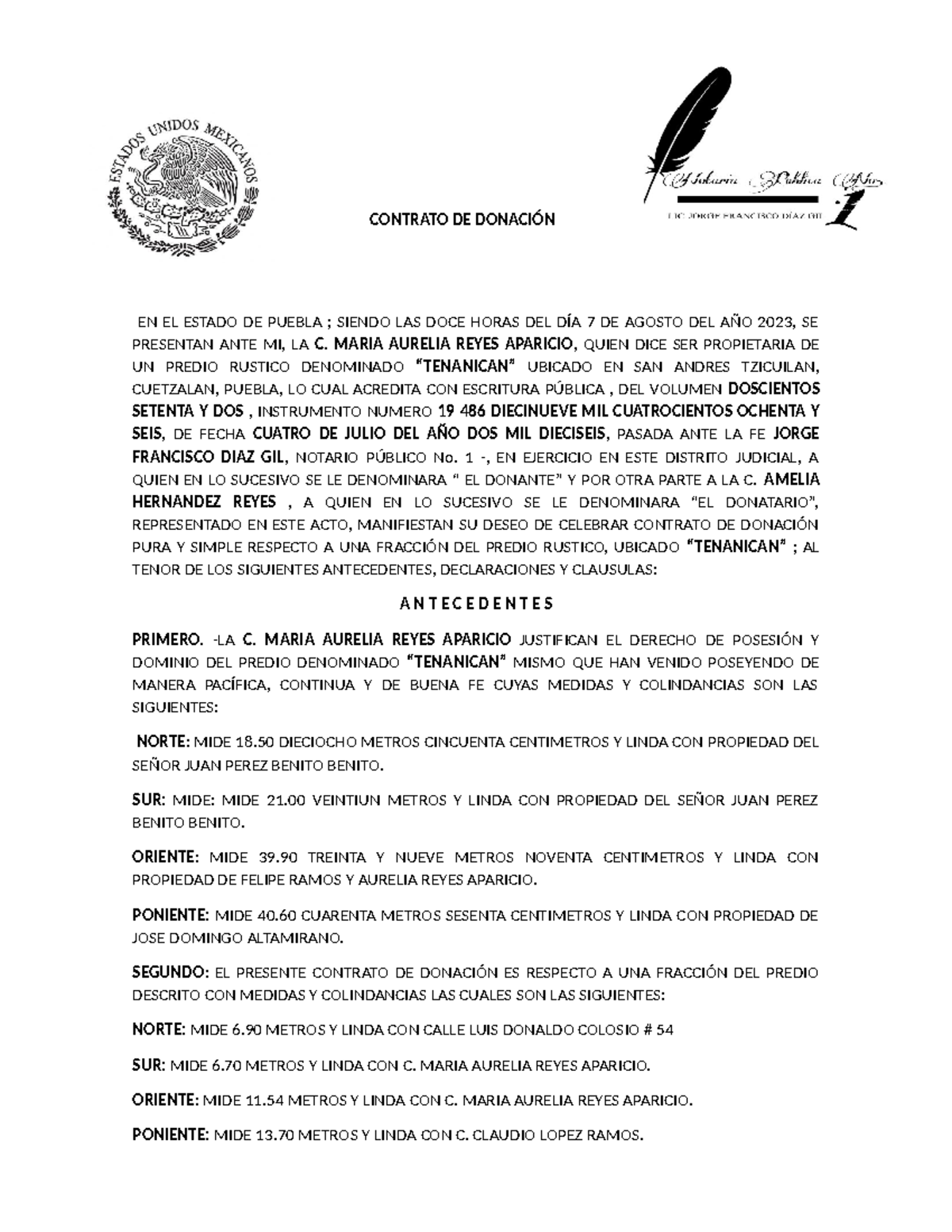 Contrato de Donación en Puebla: C. María Aurelia Reyes Aparicio - Document Preview