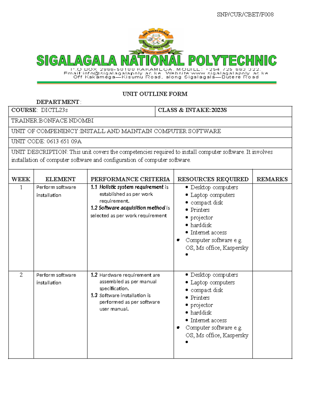 Install and Maintain Computer Software Unit Outline - DICTL23s 2023S ...
