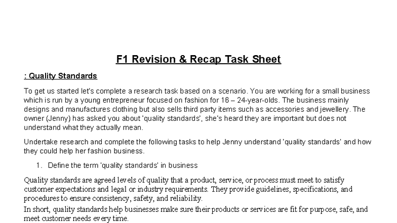 F1 - Quality Standards in Fashion Business: Revision Recap Task Sheet ...