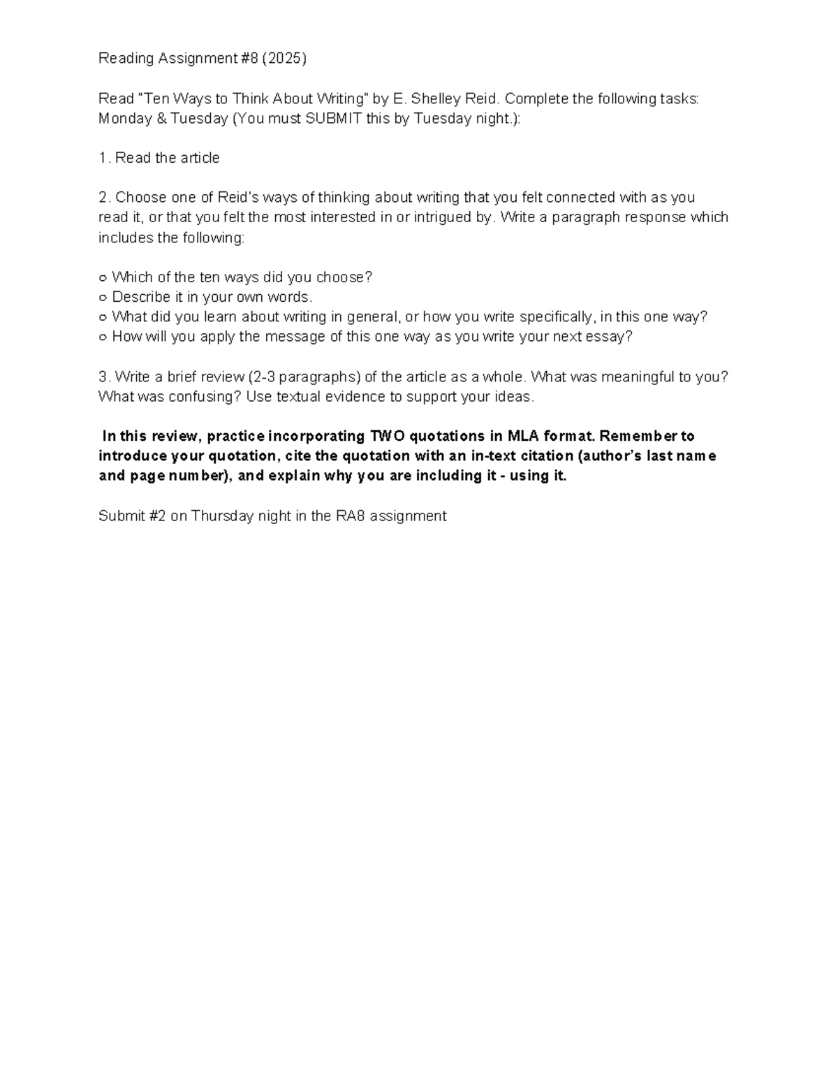 Reading Assignment RA 8: Ten Ways to Think About Writing by E. Shelley ...