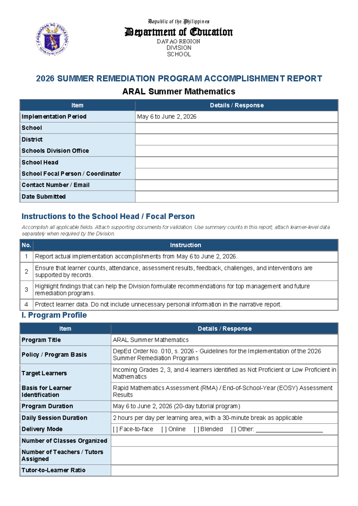 ARAL Summer Mathematics Remediation Program Accomplishment Report 2026 ...