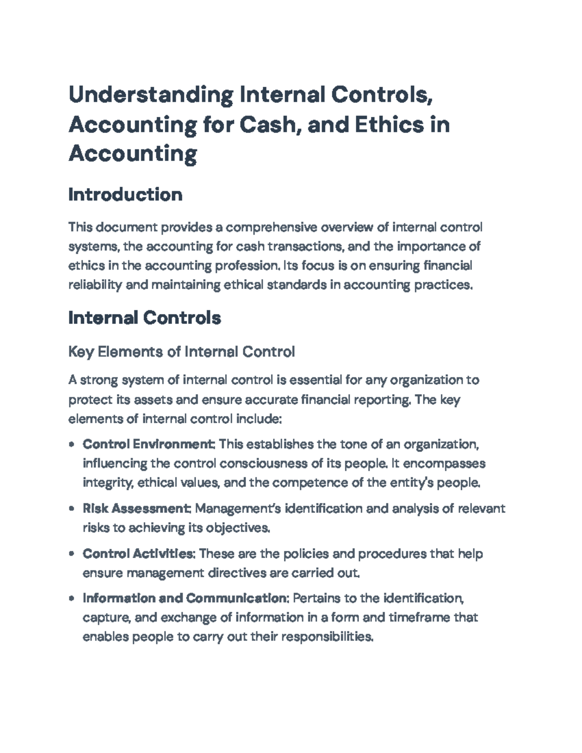 Understanding Internal Controls, Cash Accounting, and Ethics in ...