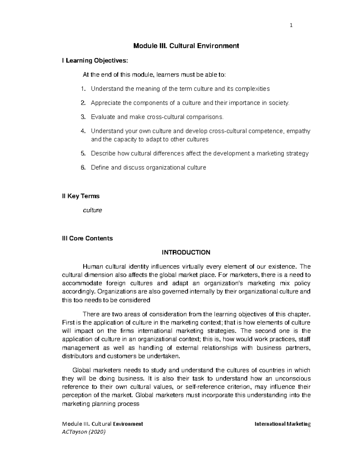 Module III. Cultural Environment in International Marketing Study Guide ...