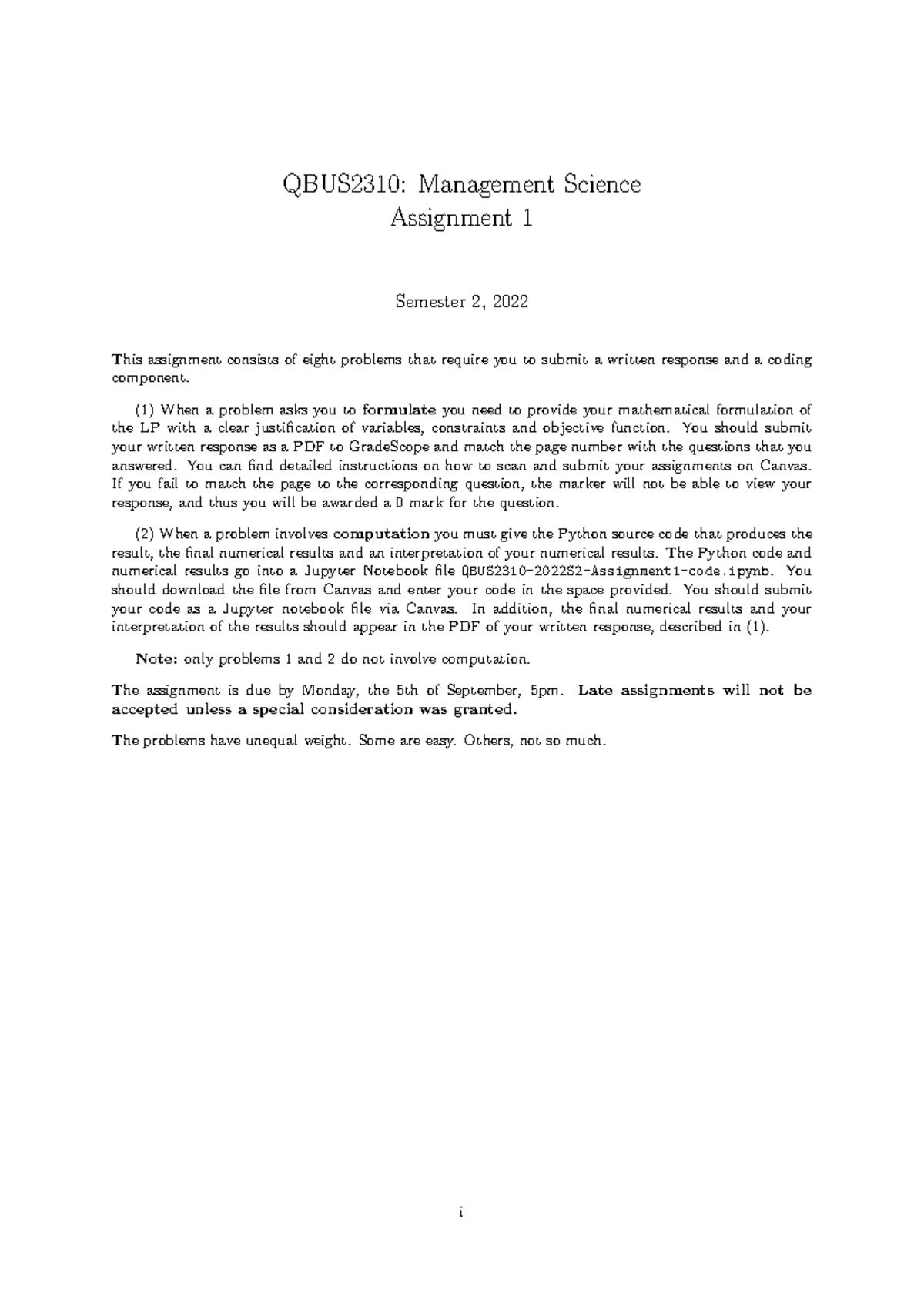 QBUS2310: Management Science - Assignment 1 Problems and Solutions ...