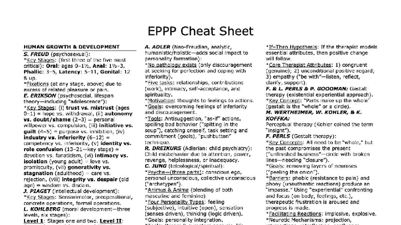 EPPP Cheat Sheet Psychology Theories & Development - Cheat Sheet HUMAN ...