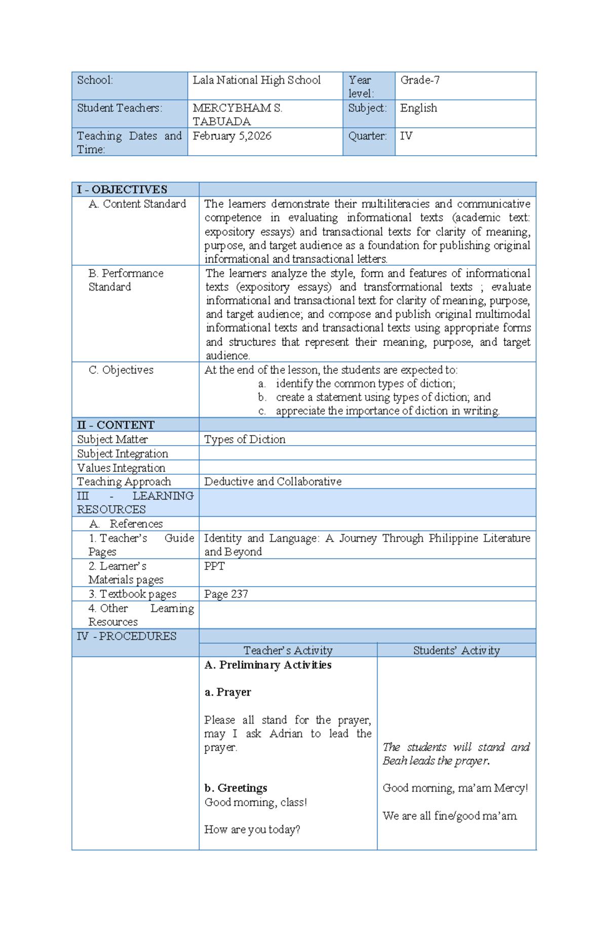 Types of Diction Lesson Plan (IV English) by MERCYBHAM S. TABUADA - Studocu