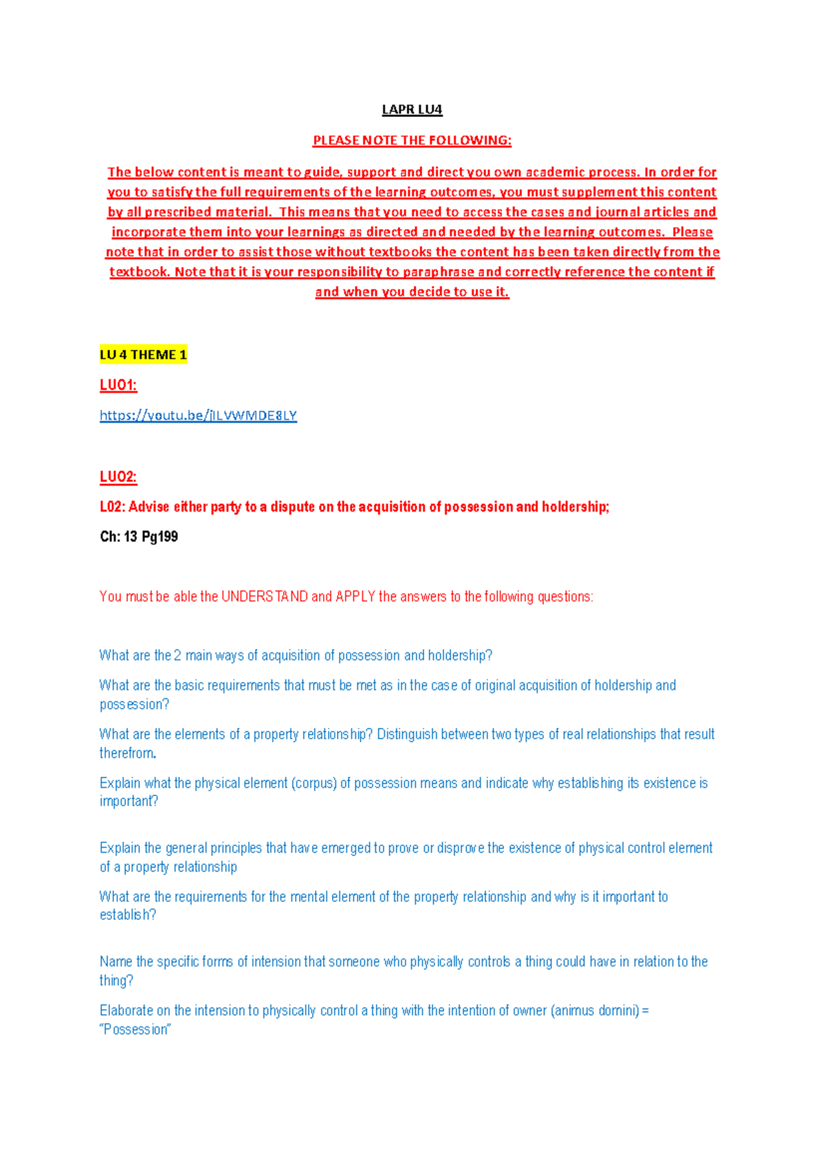 LU4 - Lecture Notes on Possession and Holdership Principles - Studocu