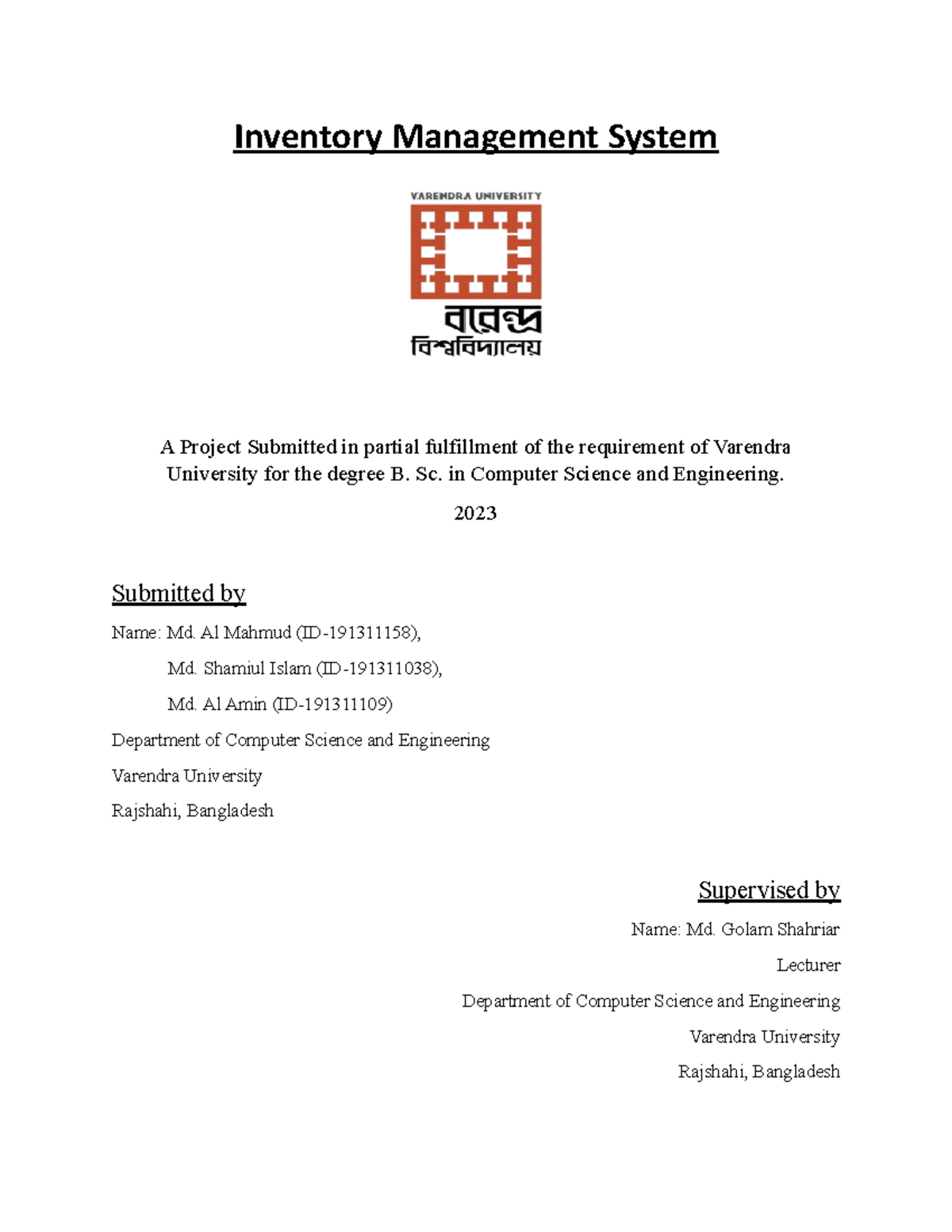 Inventory Management System Project Report - B.Sc. CSE - Varendra Univ ...
