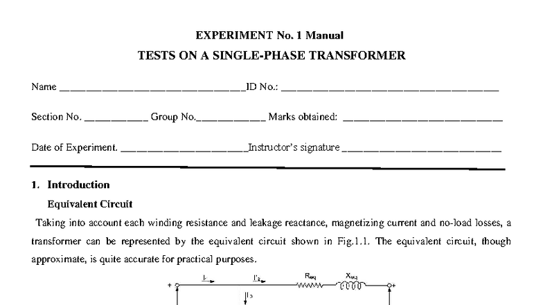 Exp - lab manuiall - EXPERIMENT No. 1 Manual TESTS ON A SINGLE-PHASE ...