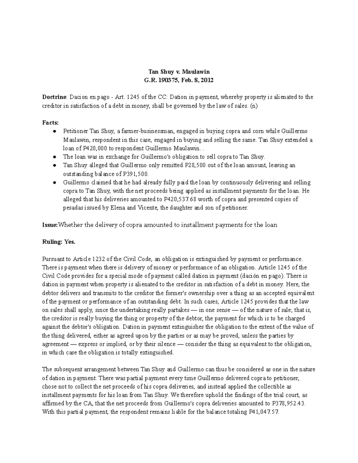 Oblicon - Case Studies on Dation in Payment and Related Doctrines - Studocu