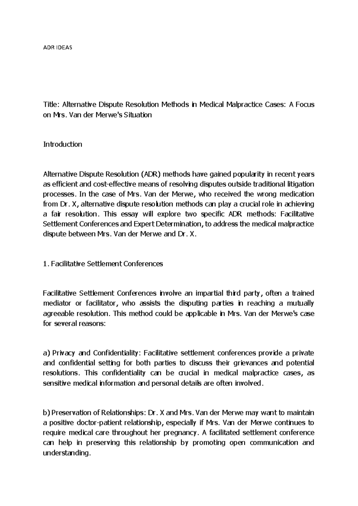 ADR Methods in Medical Malpractice: Mrs. Van der Merwe's Case Study ...