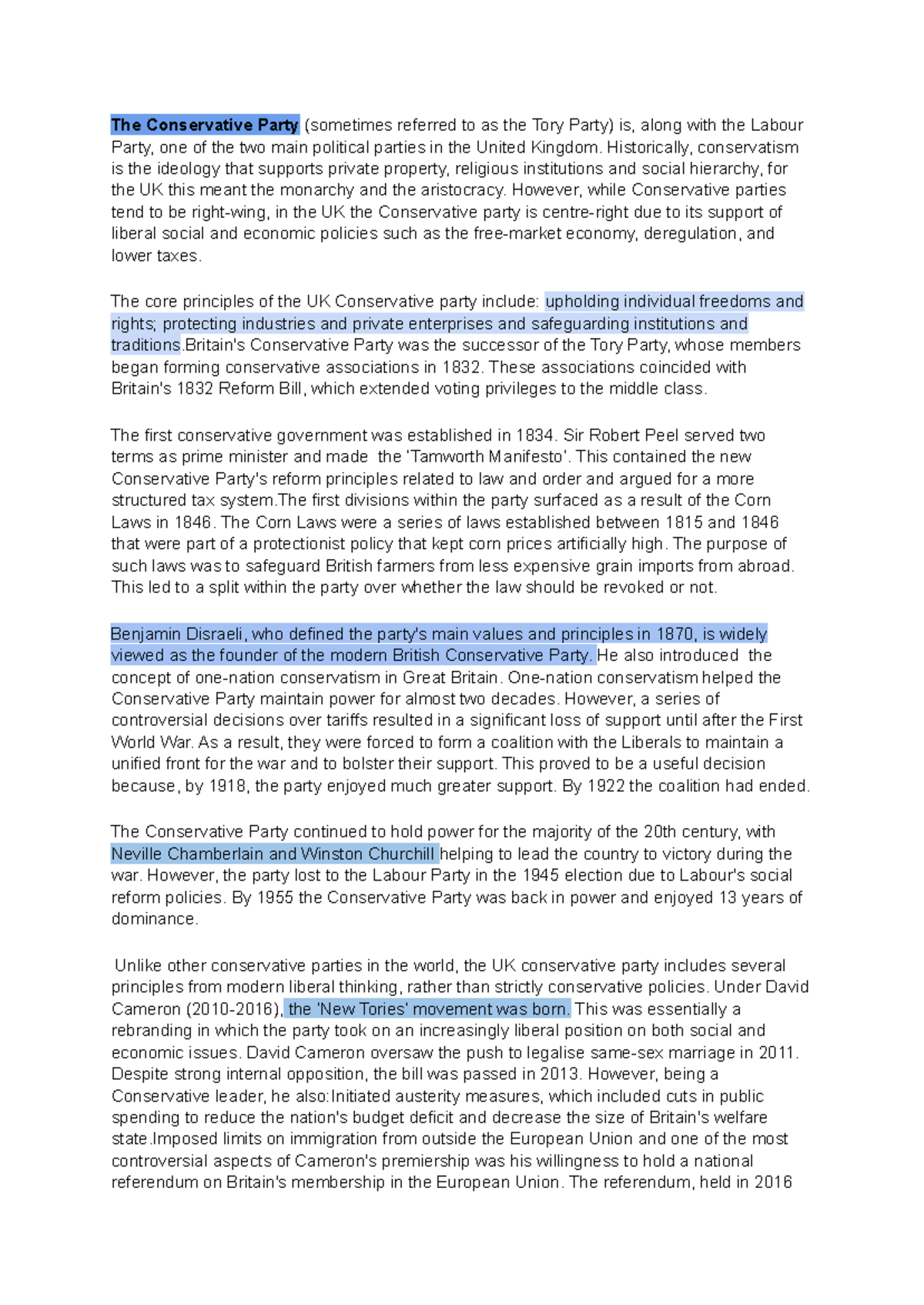 Political Party Fact Files: The Conservative Party Overview - Studocu