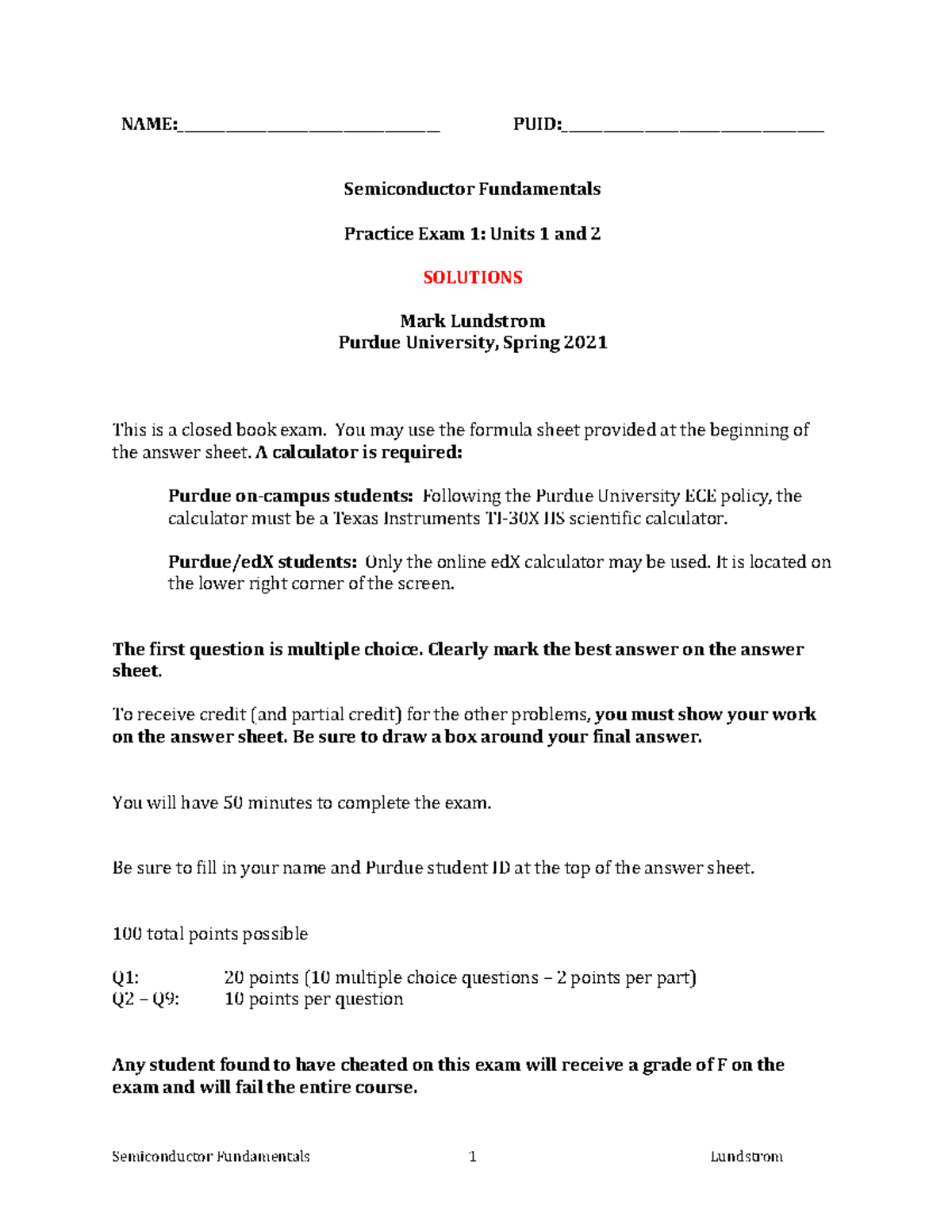 Semiconductor fundamentals ECE 69502 practice exam 1 solutions - Studocu