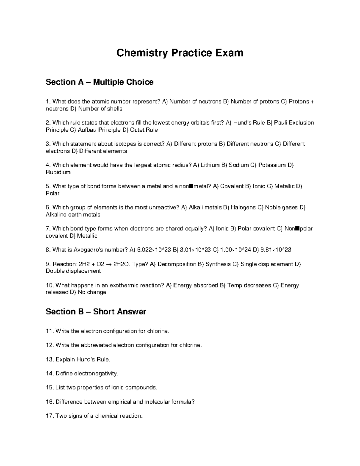 Chemistry Practice Exam (CHEM101) with Answers and Explanations - Studocu