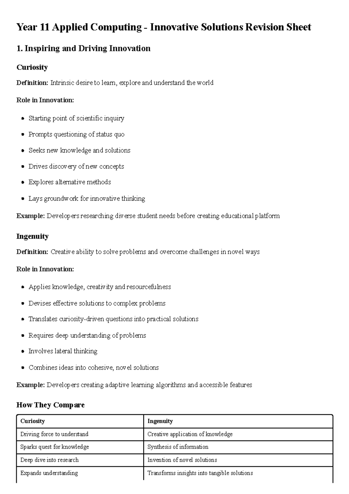 Year 11 Applied Computing CH5 Innovative Solutions Revision Notes - Studocu