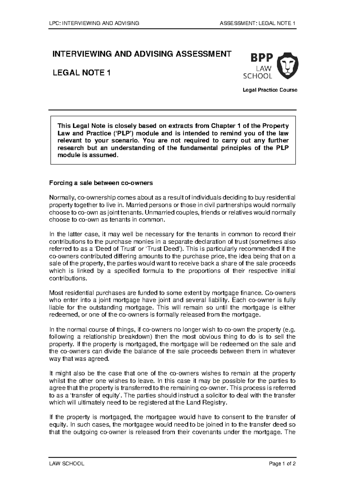 LPC I&A Assessment: Legal Note 1 for Final Resit Exam - Studocu
