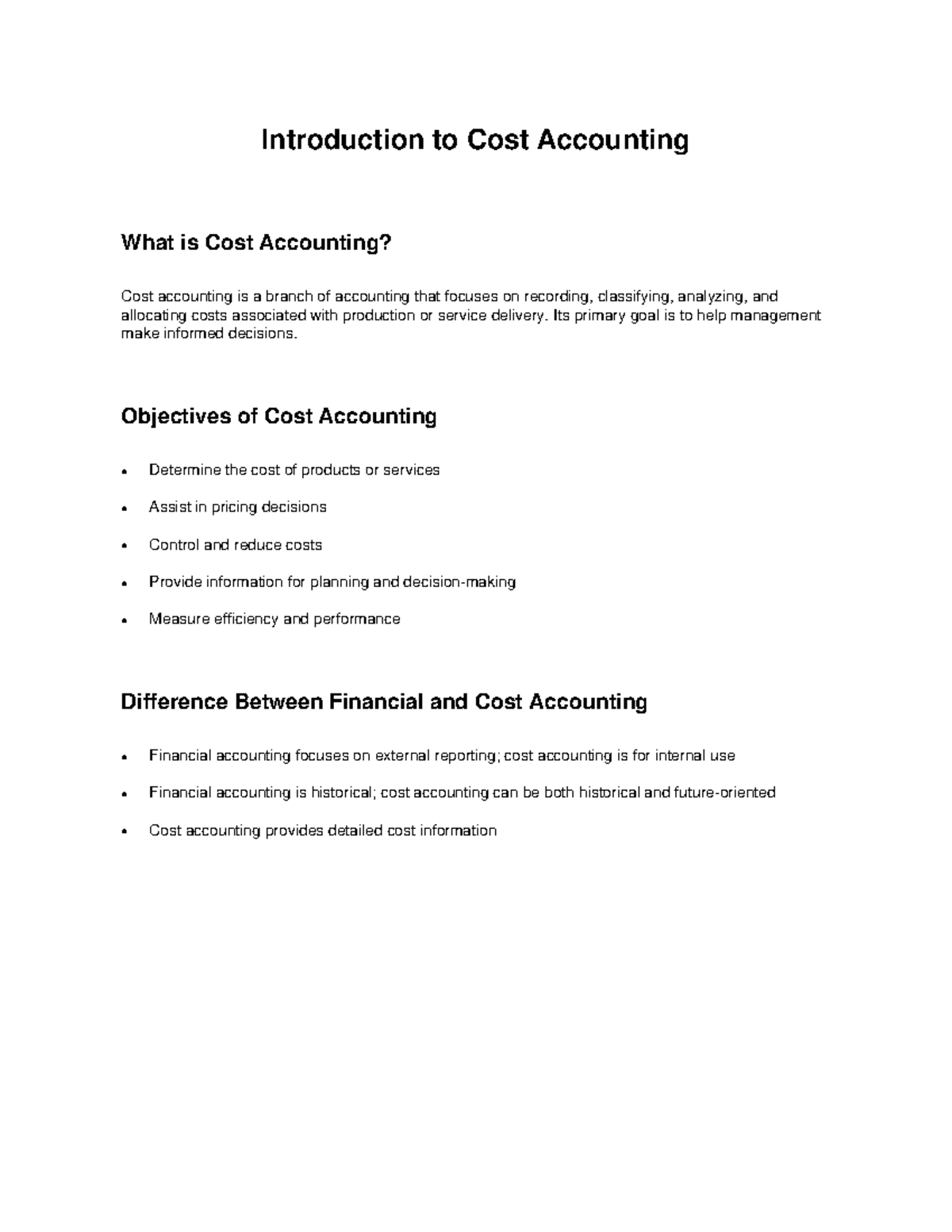 Cost Accounting Introduction: Key Concepts and Objectives - Studocu