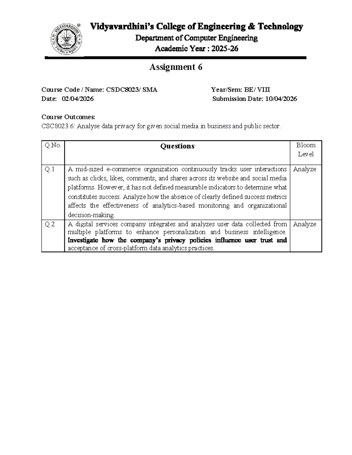 SMA Assignment 6: Data Privacy Analysis in CSC8023.6 - Studocu