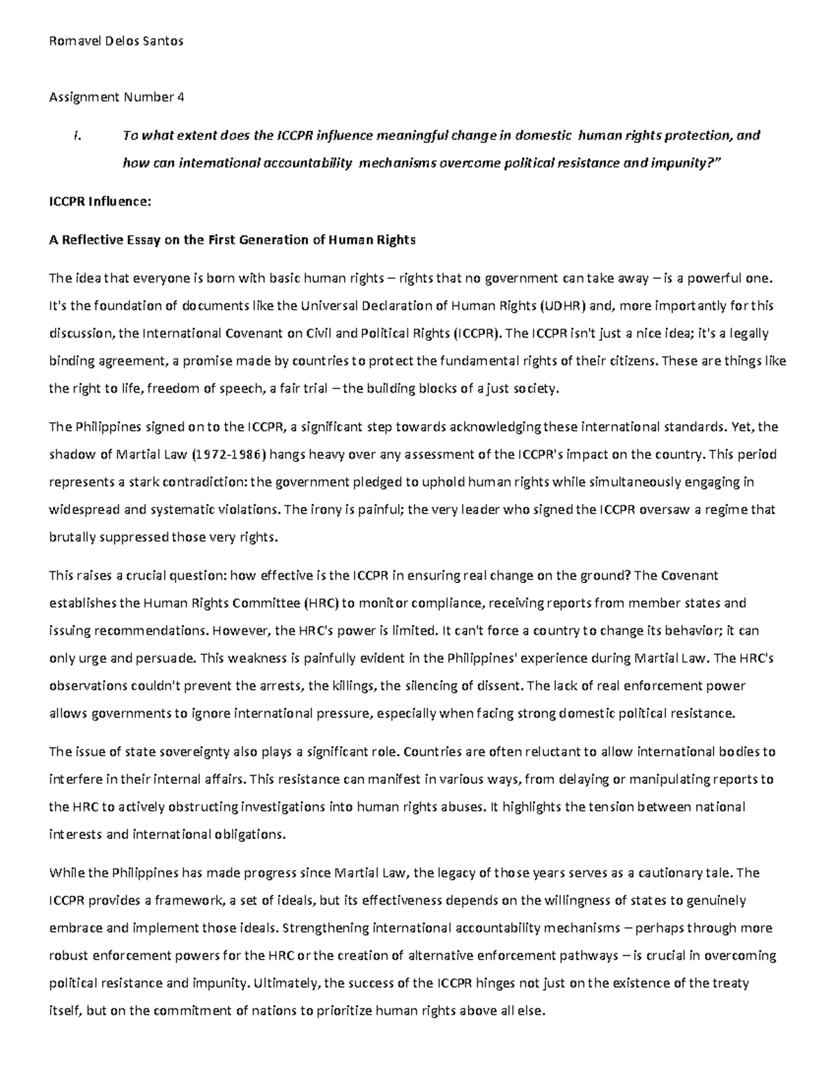 ICCPR 101: Reflective Essay on Human Rights Impact and Challenges - Studocu