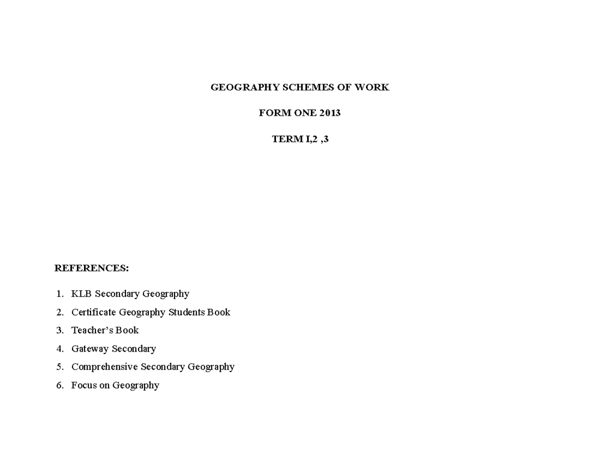 Geography scheme Form 1 - GEOGRAPHY SCHEMES OF WORK FORM ONE 2013 TERM ...