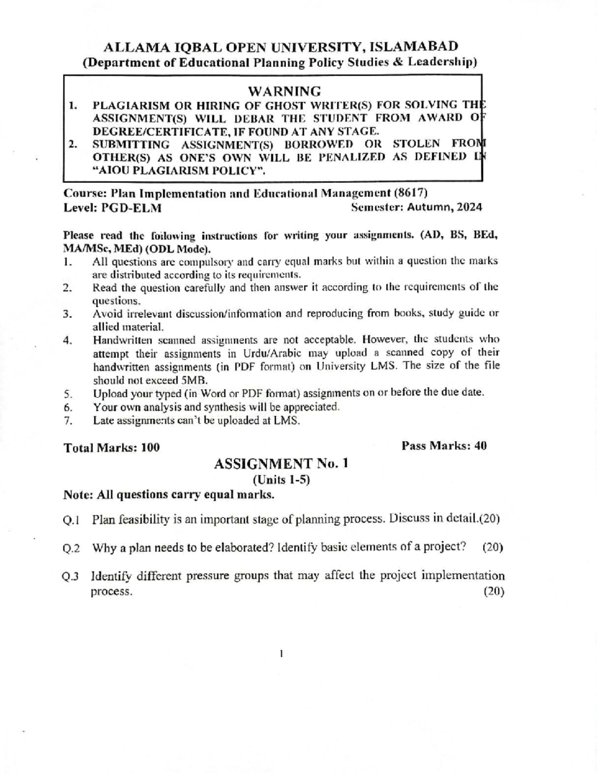 8617 - AIOU BEd 1.5 Years Assignment 1 Guidelines and Instructions ...