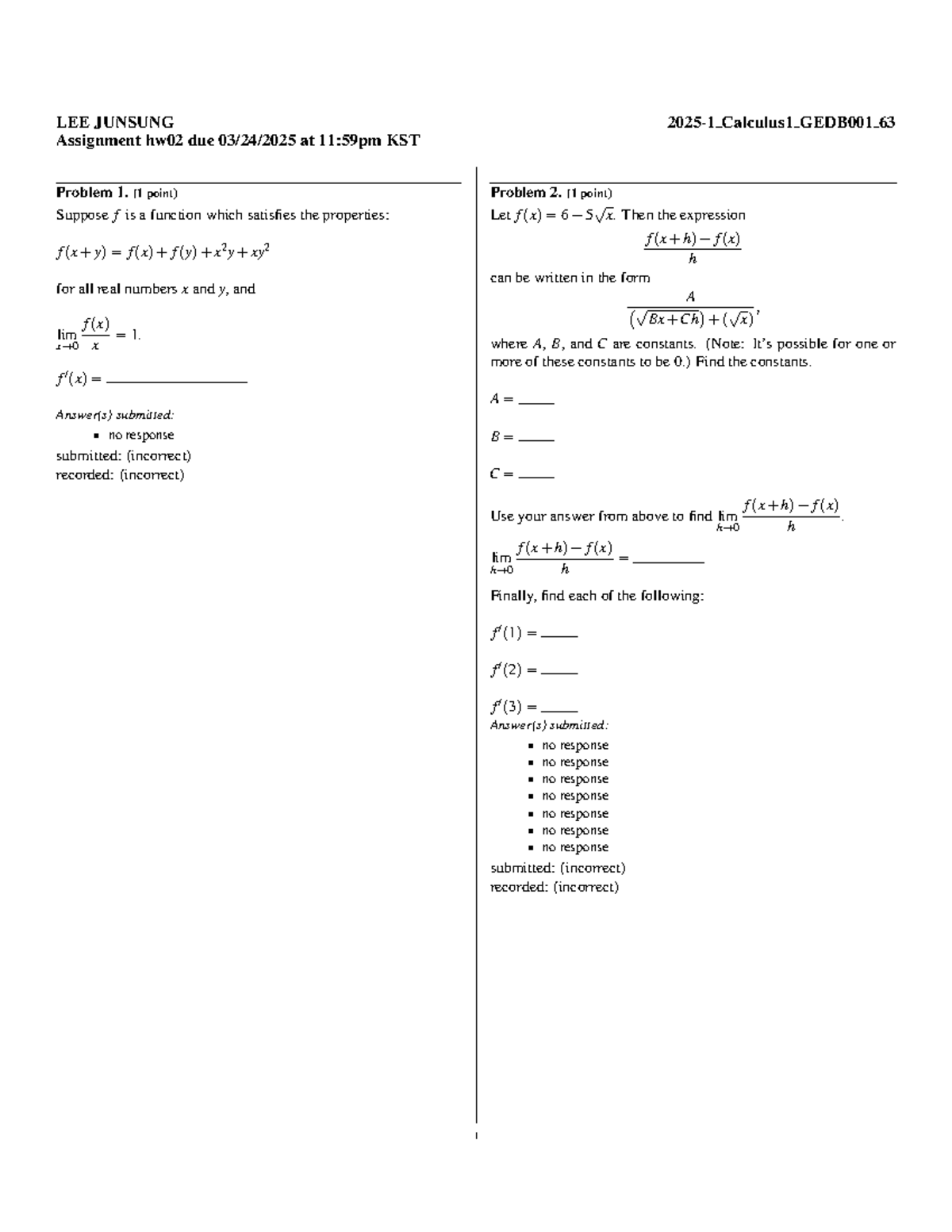 2025-1 Calculus 1 GEDB001 Assignment hw02 Solutions and Problems - Studocu