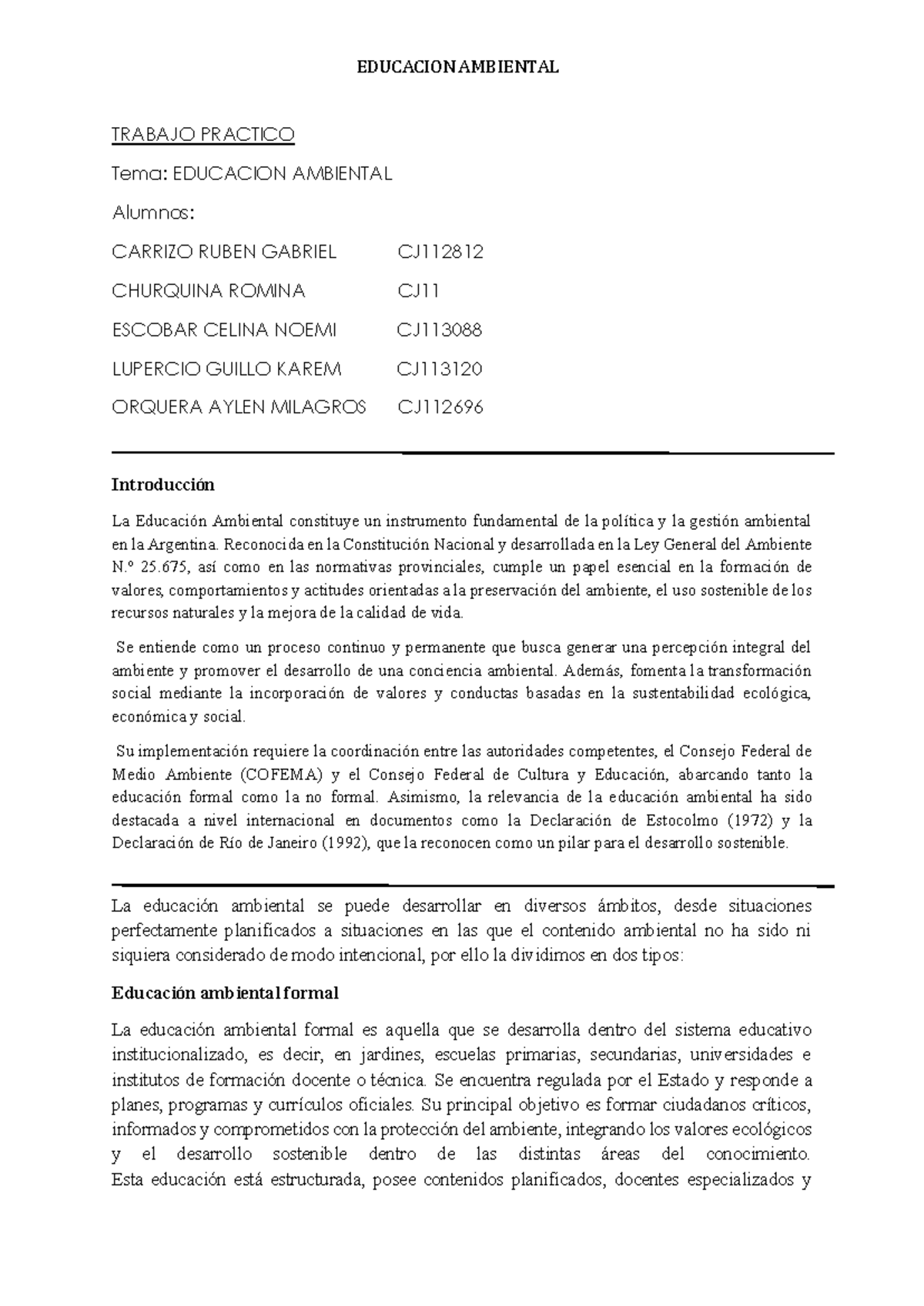 EDUCACION AMBIENTAL: Trabajo Práctico sobre Sostenibilidad y Conciencia ...