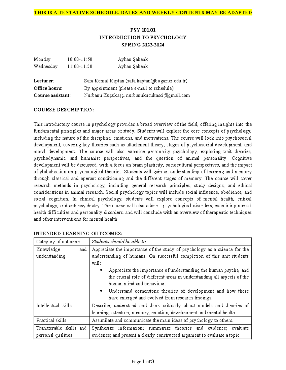 PSY 101.01 Tentative Schedule & Course Overview for Spring - Studocu