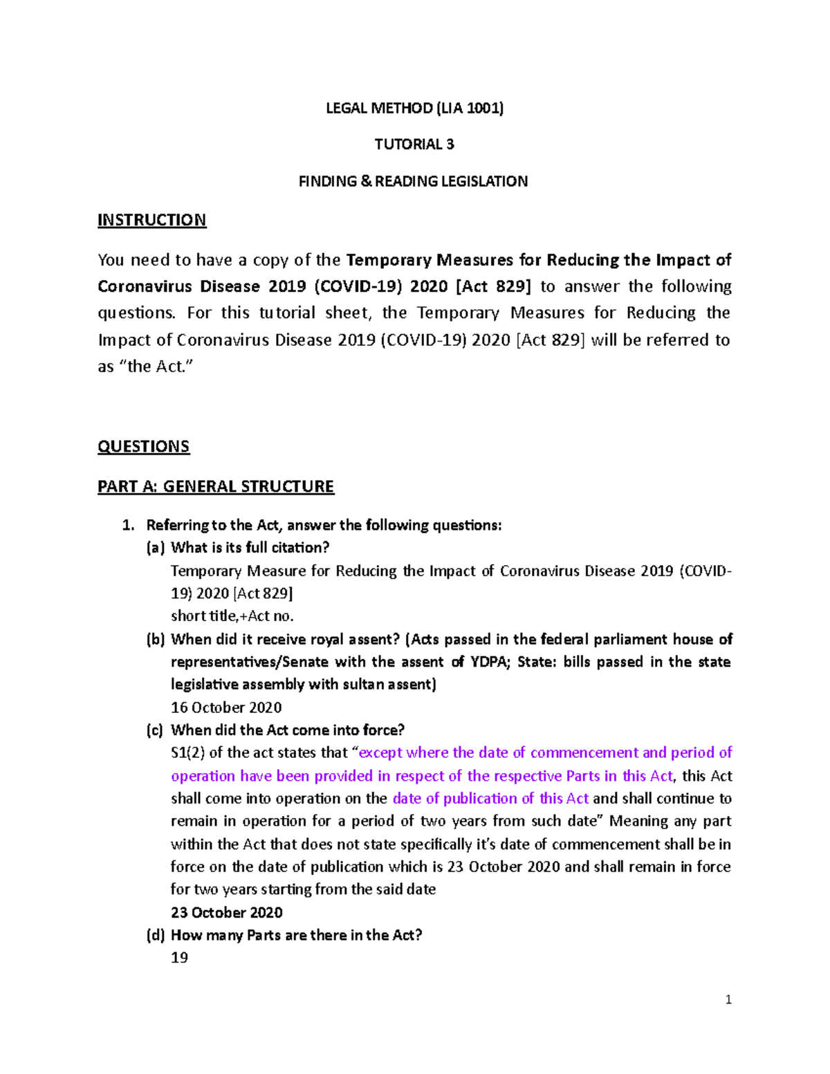 Tutorial 3 Finding and Reading Legislation - LEGAL METHOD (LIA 1001 ...