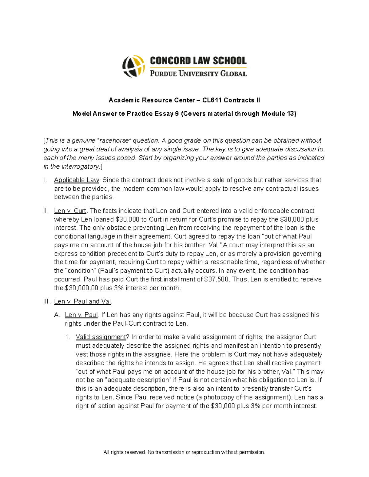 ARC CL611 Contracts II Model Answer for Practice Essay 9 - Studocu