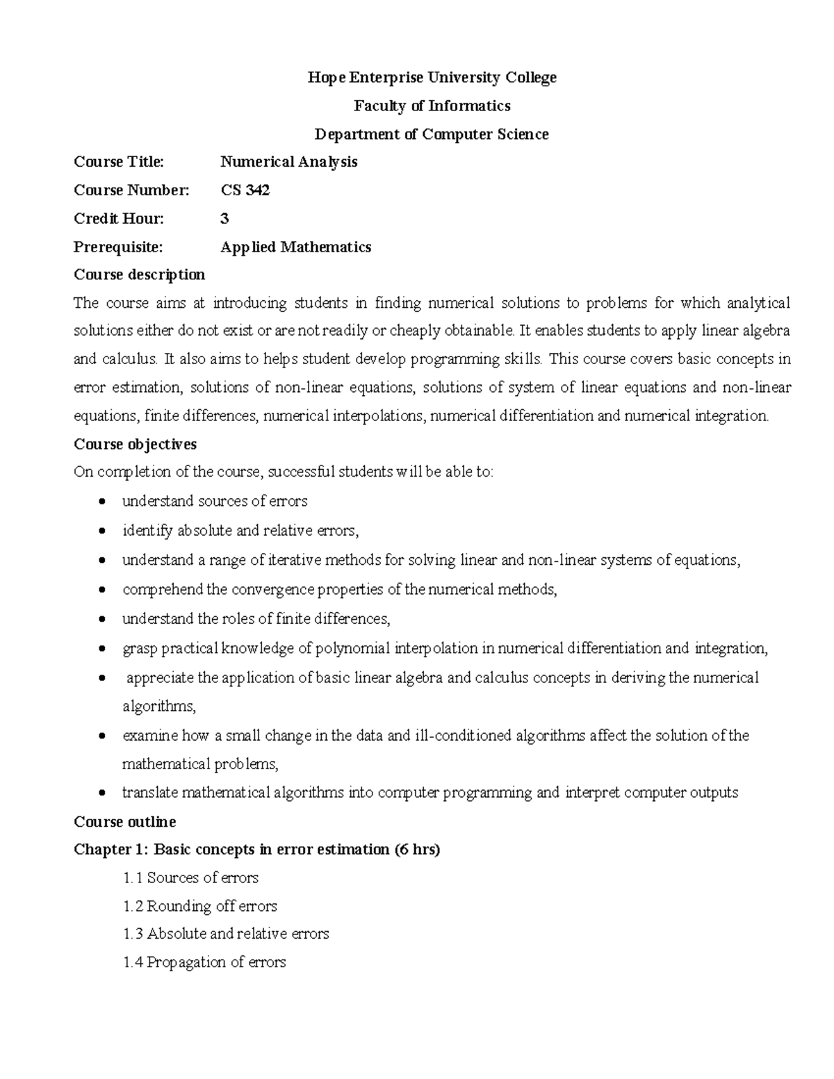 Course outline numerical hope enterprise university college faculty