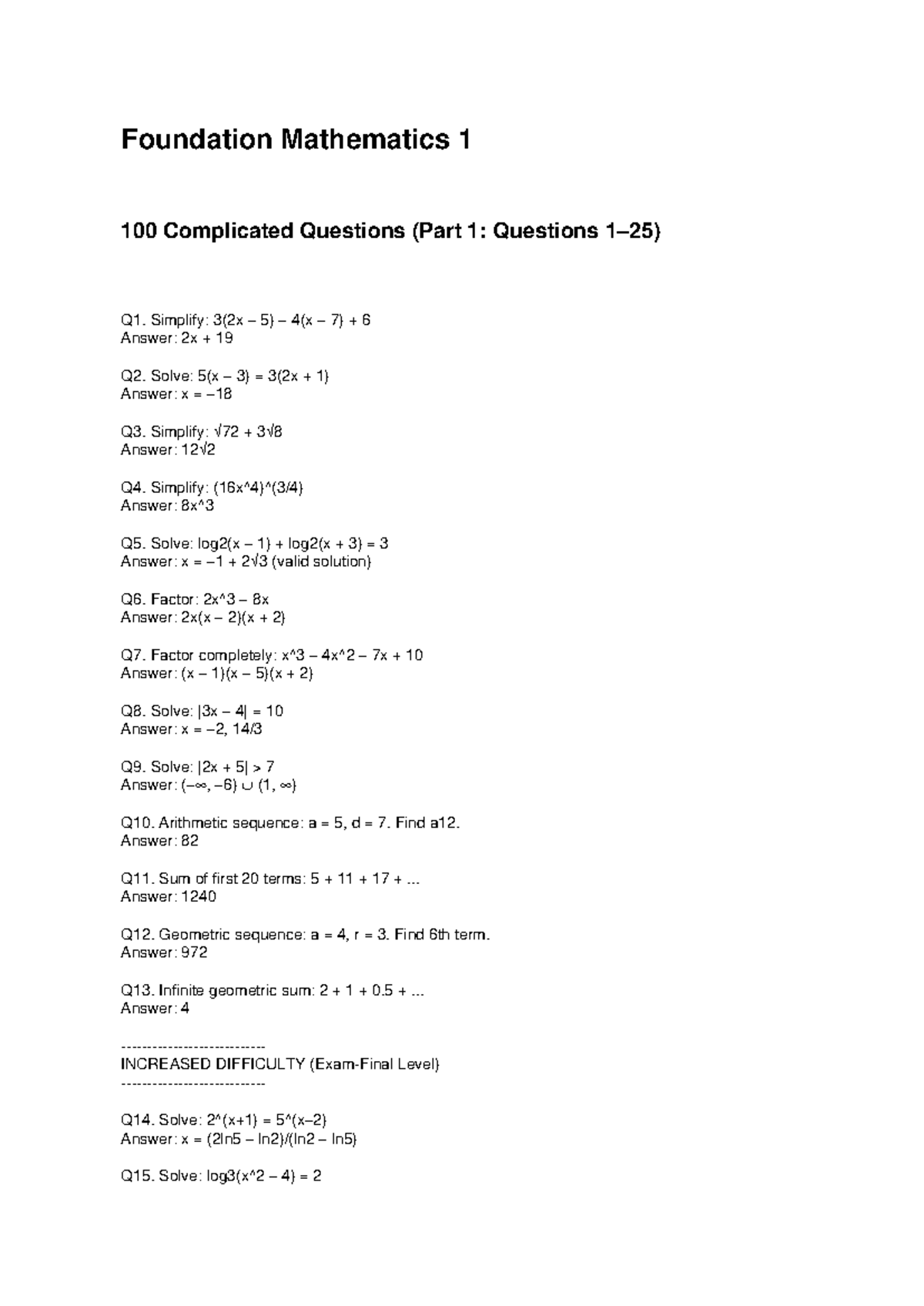 Foundation Mathematics 1: Complicated Problems (Q1-Q25) - Studocu