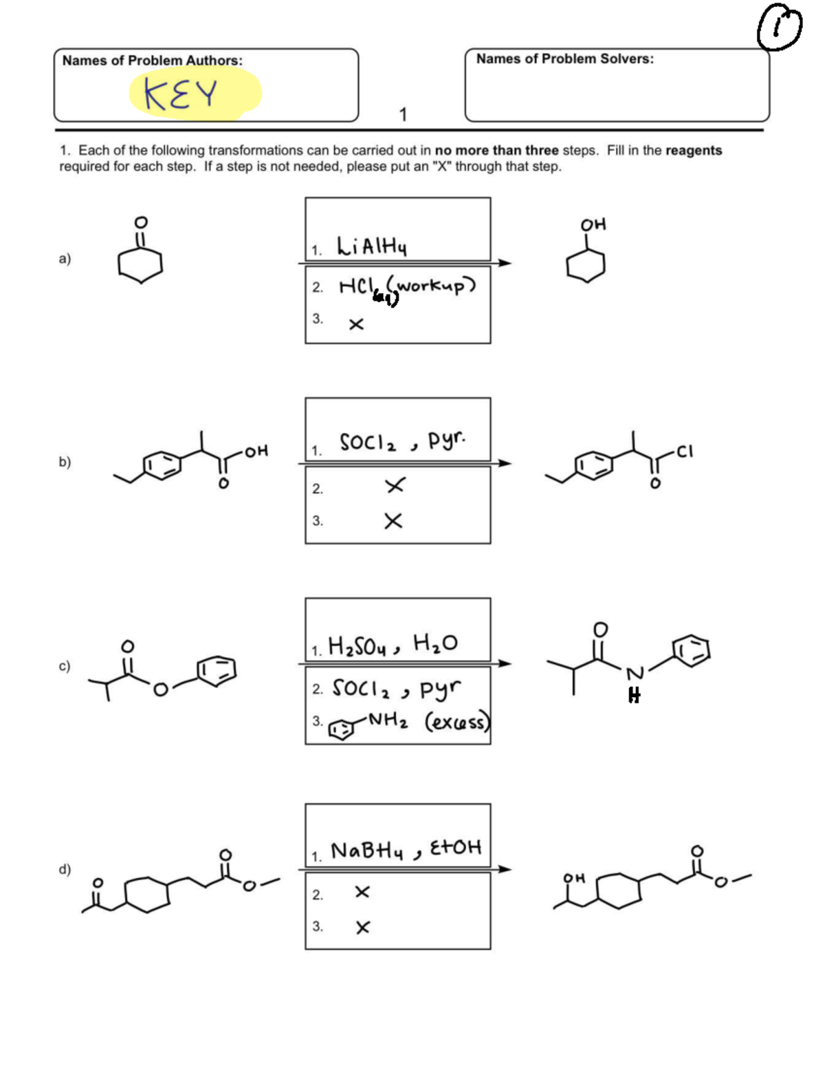 Class KEY - Exam Key for Organic Chemistry Transformations - Studocu