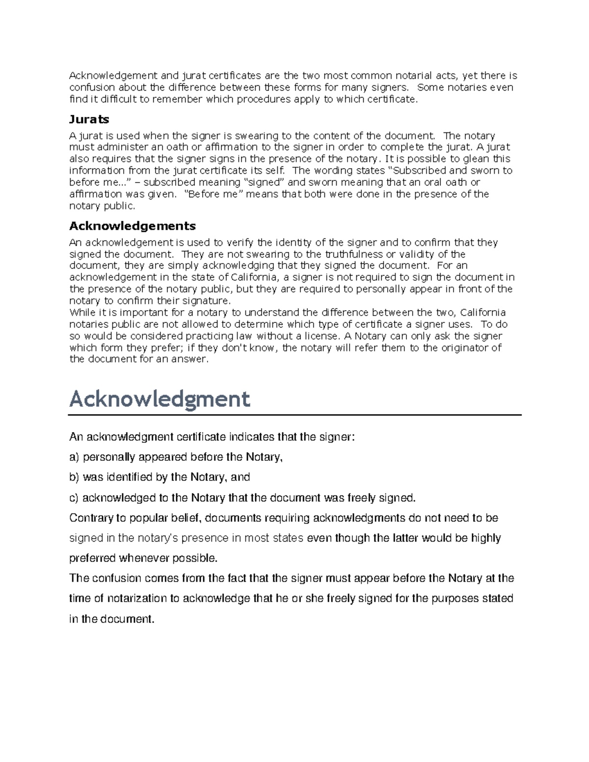 Understanding Jurat & Acknowledgement Certificates for Notaries - Studocu